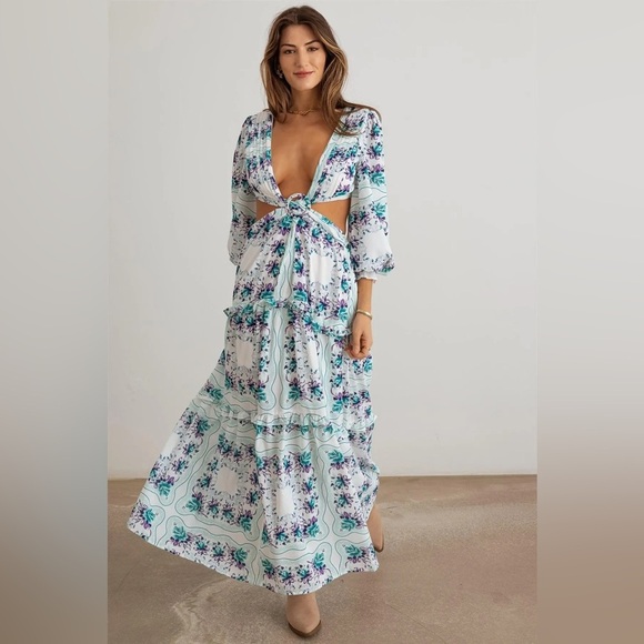 Floral Ruffle Criss-Cross Waist O-Ring cut out Maxi Dress NWT multiple sizes - Picture 1 of 7